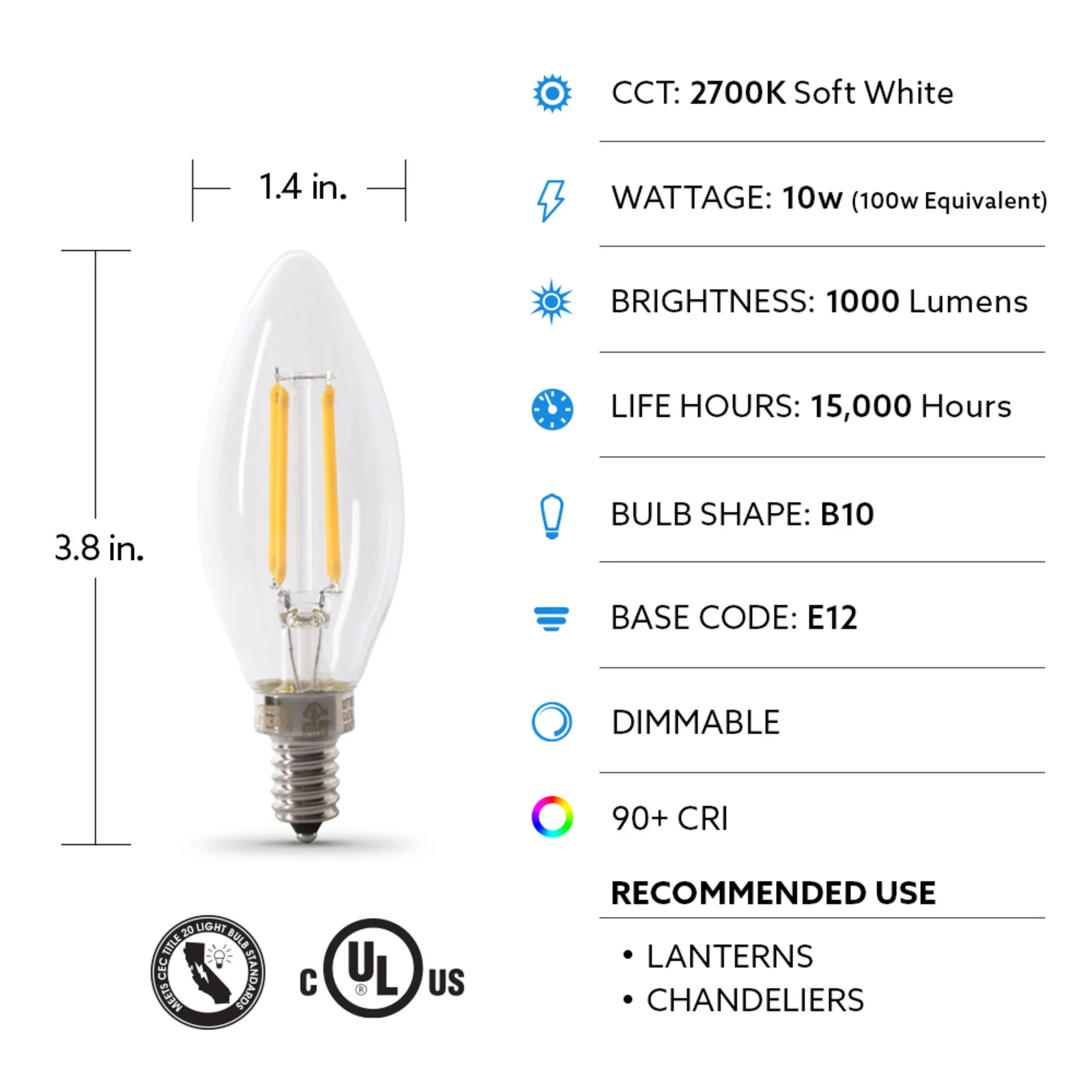 10W (100W Replacement) Blunt Tip Soft White (2700K) E12 Base B10 Filament LED (2-Pack)