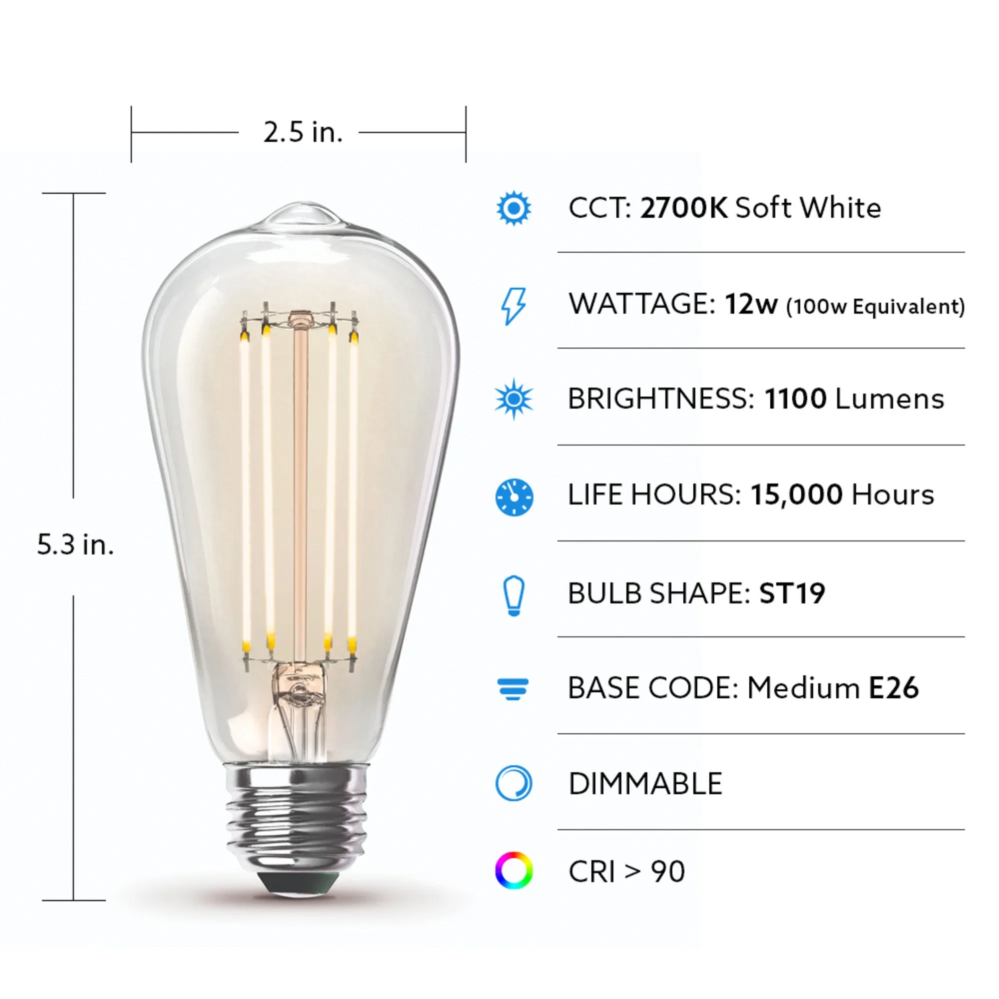 12W (100W Replacement) ST19 E26 Dimmable Straight Filament Clear Glass Vintage Edison LED Light Bulb, Soft White (4-Pack)