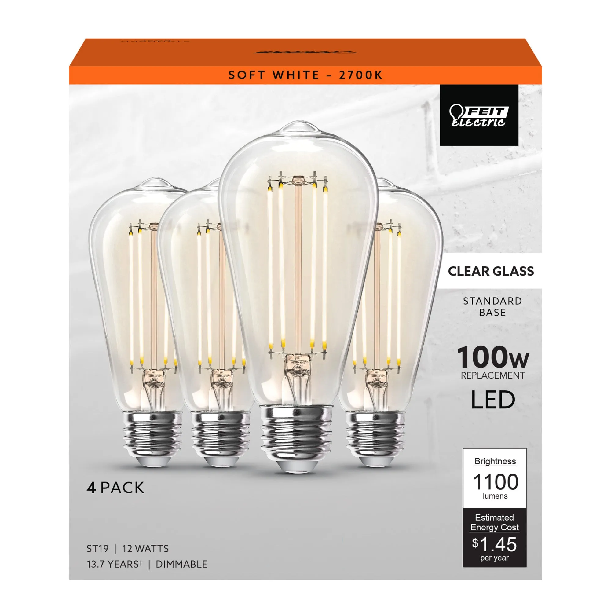 12W (100W Replacement) ST19 E26 Dimmable Straight Filament Clear Glass Vintage Edison LED Light Bulb, Soft White (4-Pack)