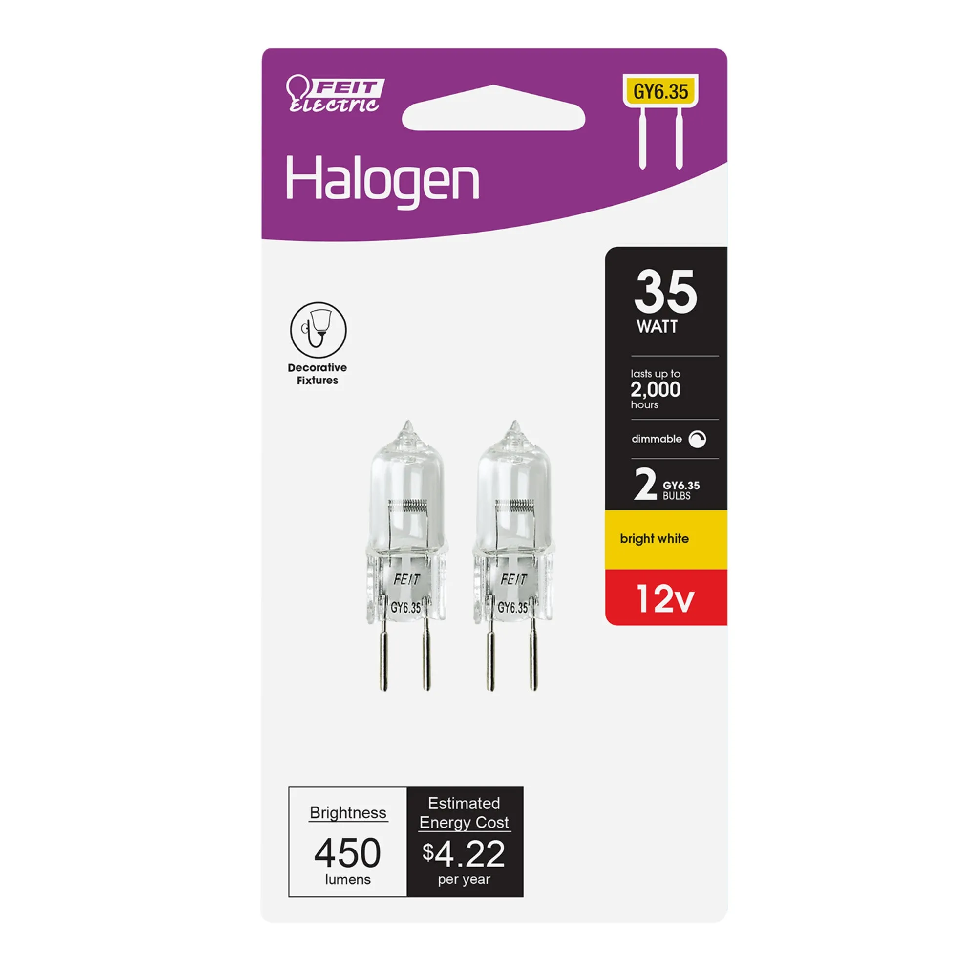 35W Bright White (2800K) GY6.35 Base (T4 Replacement) Dimmable Clear Quartz Halogen Light Bulb (2-Pack)