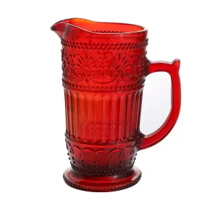 40-Ounce Red Glass Pitcher - Vintage Style Embossed Glass Water Dispenser