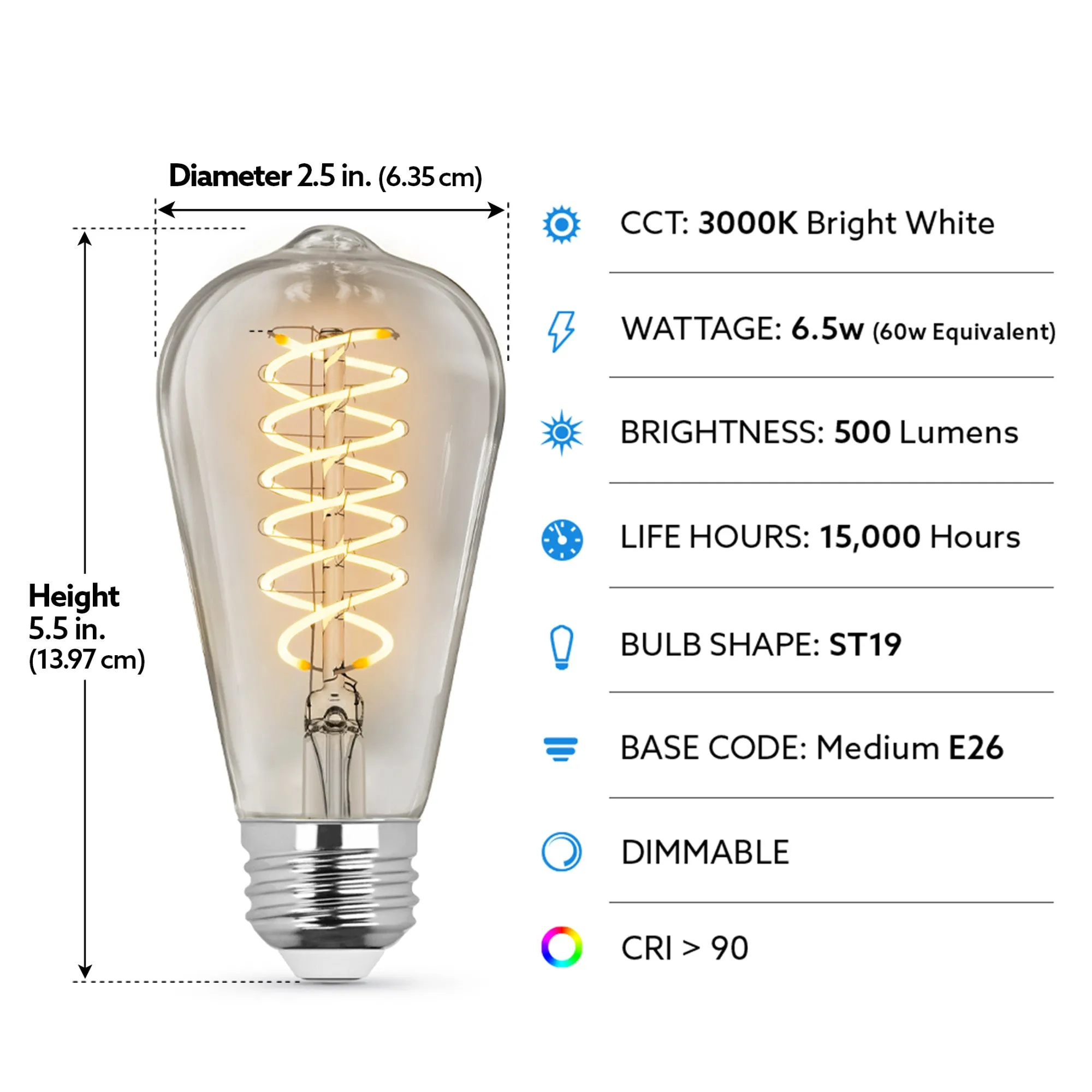 6.5W (60W Replacement) ST19 E26 Dimmable Spiral Filament Clear Glass Vintage Edison LED Light Bulb, Bright White