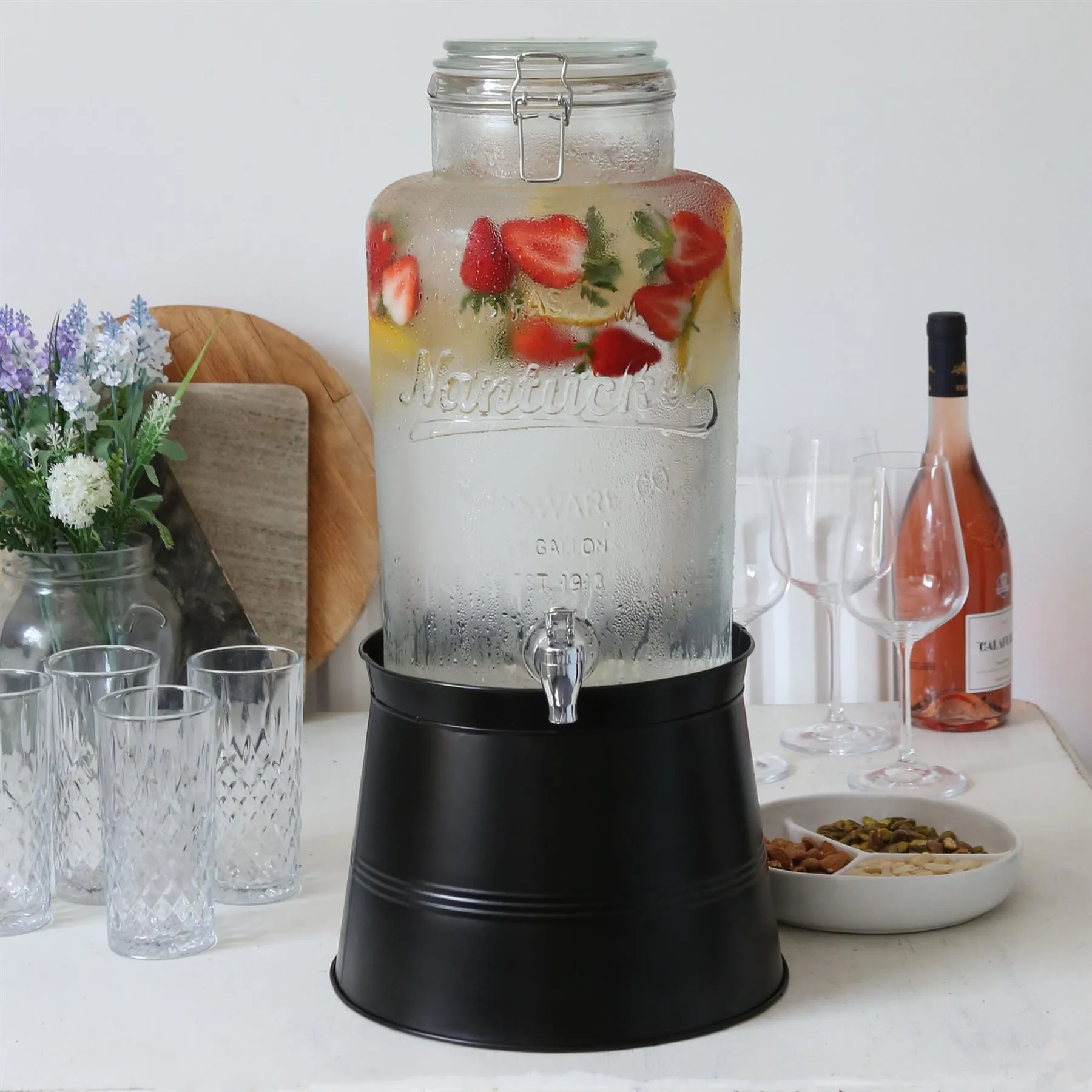 8.7L Glass Drinks Dispenser with Tap & Bucket Stand - By Rink Drink