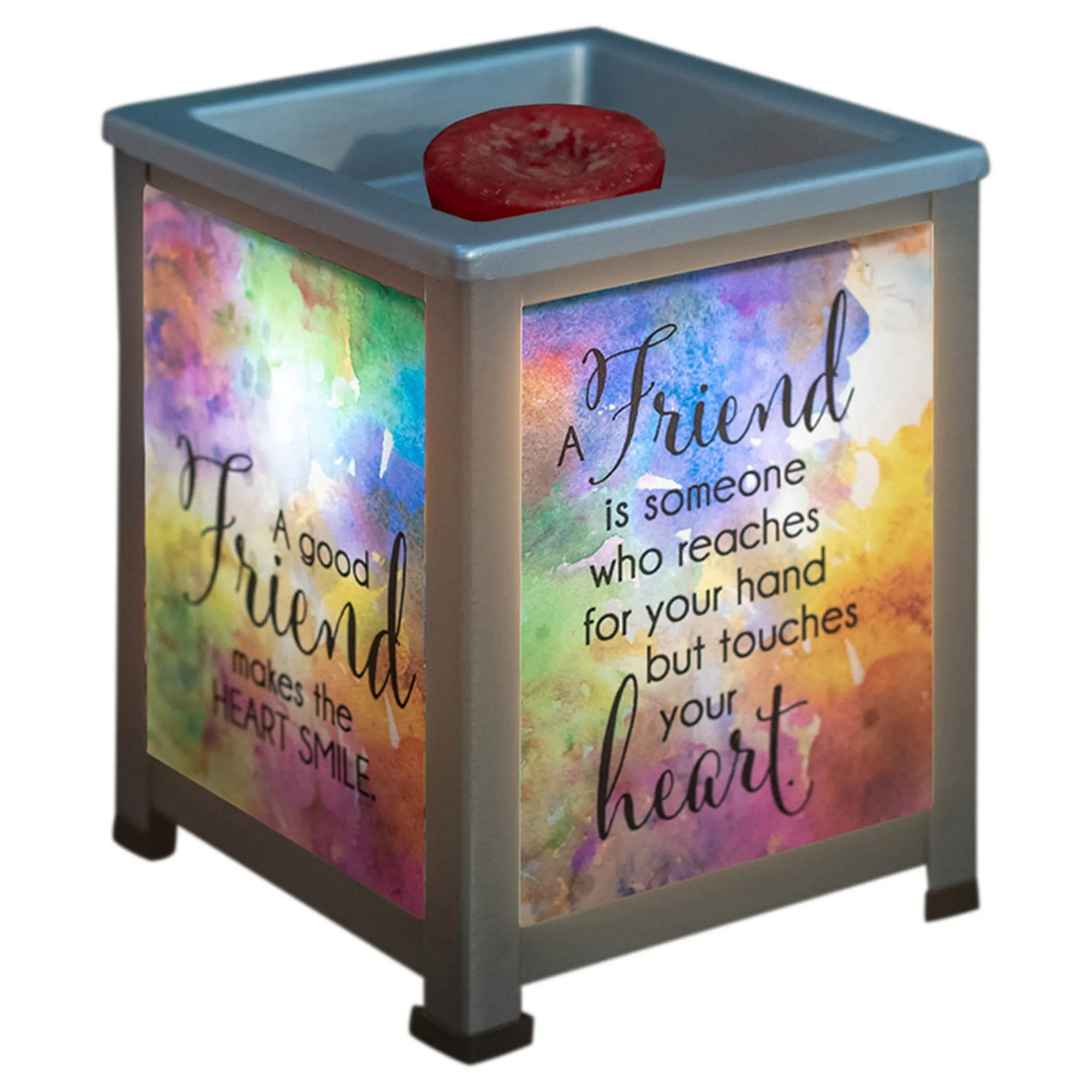 A Friend Touches Your Heart Silvertone Metal Electrical Wax Tart & Oil Glass Lantern Warmer