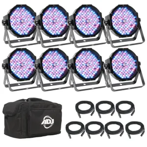 American DJ Mega Flat Pak 8 Plus RGB UV LED Par Profile System, Bag, and Cables