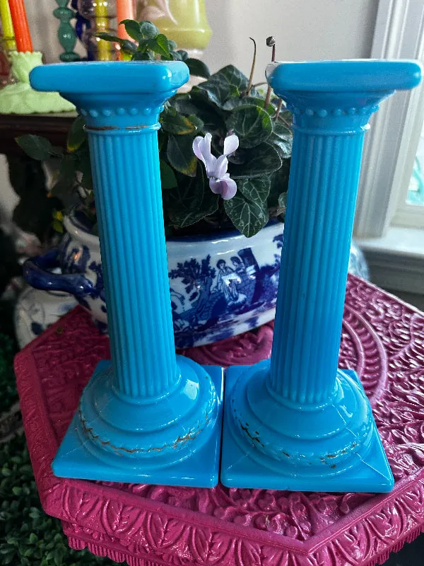 Antique Candle Holders, Blue Opaline, Portieux Vallerysthal, Column Detail, Square Base, Gold Detail Worn, PAIR