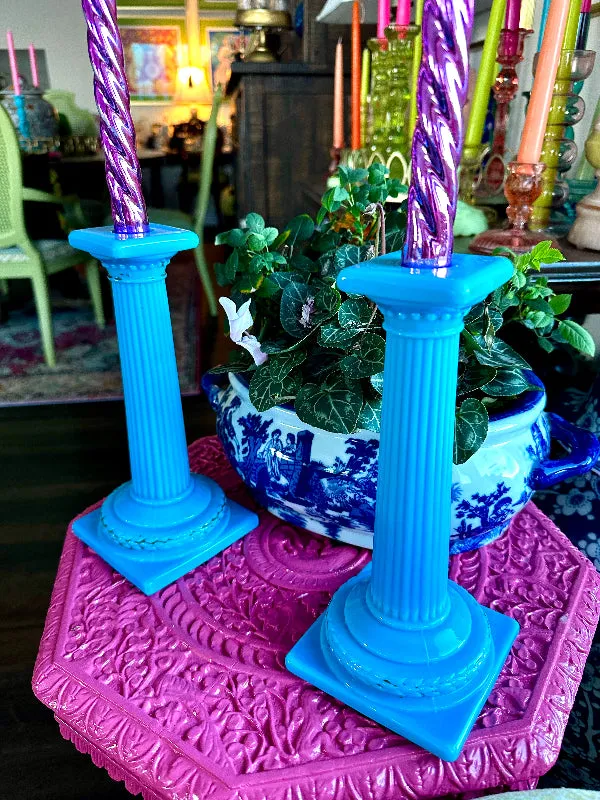 Antique Candle Holders, Blue Opaline, Portieux Vallerysthal, Column Detail, Square Base, Gold Detail Worn, PAIR