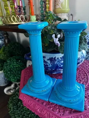 Antique Candle Holders, Blue Opaline, Portieux Vallerysthal, Column Detail, Square Base, Gold Detail Worn, PAIR