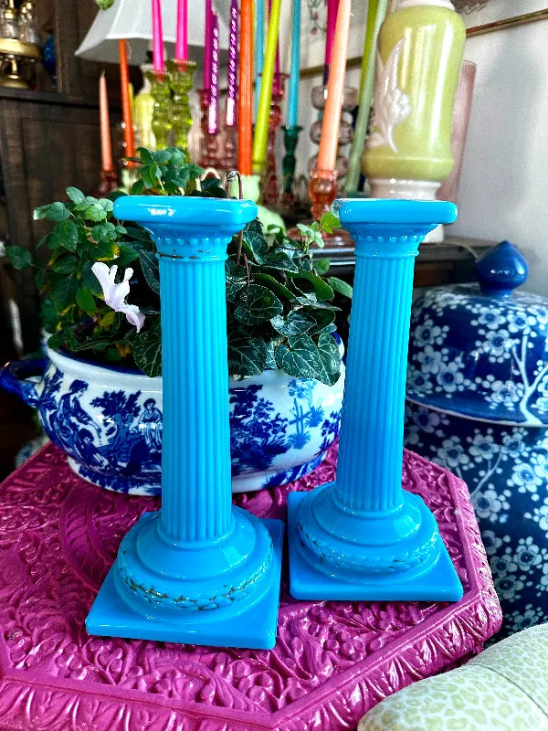 Antique Candle Holders, Blue Opaline, Portieux Vallerysthal, Column Detail, Square Base, Gold Detail Worn, PAIR