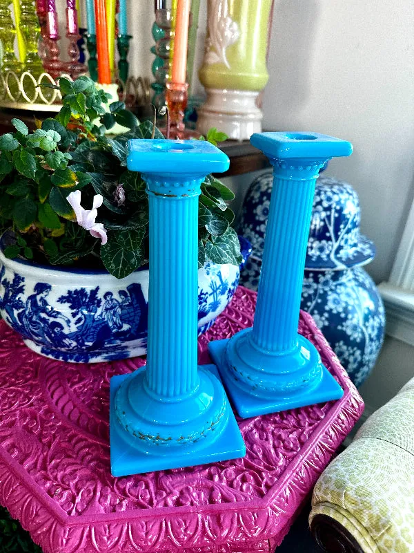 Antique Candle Holders, Blue Opaline, Portieux Vallerysthal, Column Detail, Square Base, Gold Detail Worn, PAIR