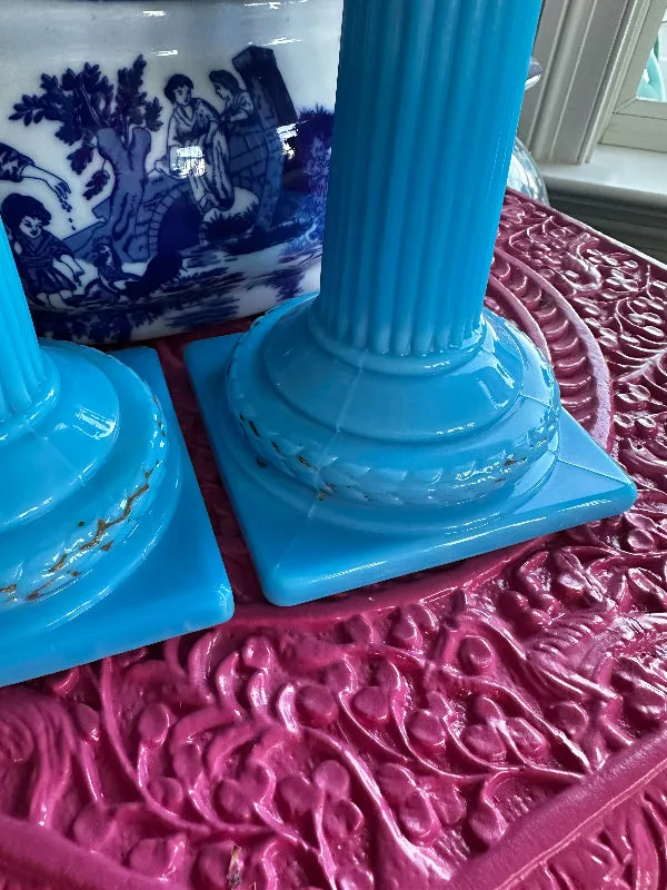 Antique Candle Holders, Blue Opaline, Portieux Vallerysthal, Column Detail, Square Base, Gold Detail Worn, PAIR