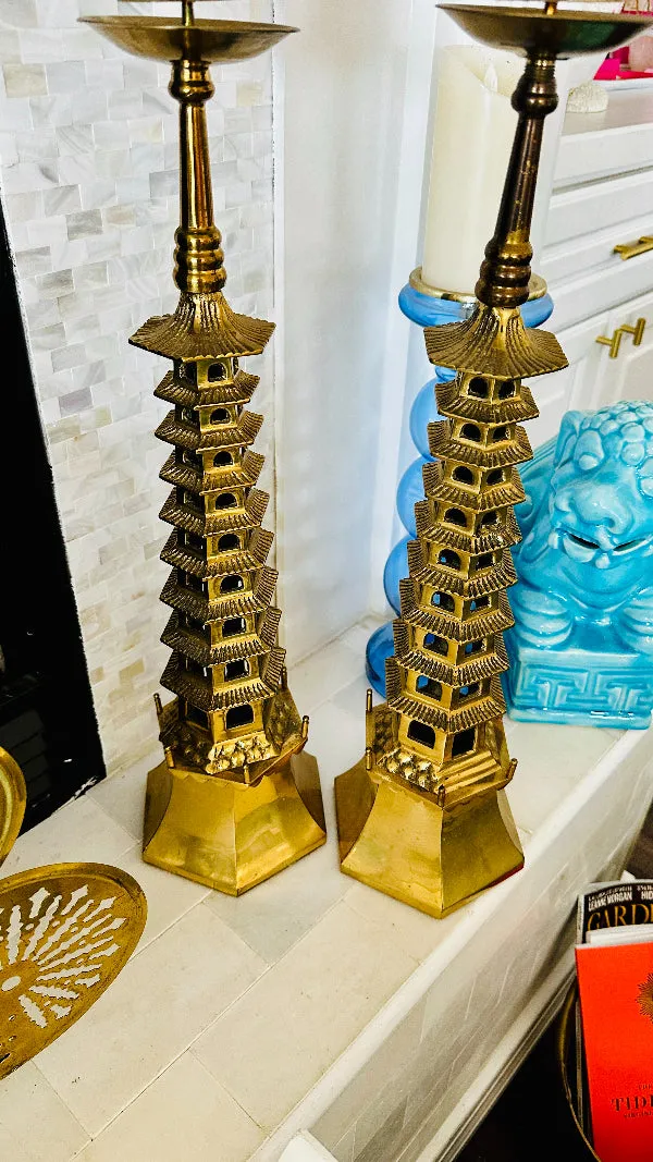 Brass Pagoda Candle Holders, Extra Large, Pillar Candle Spike on top, Hexagon Base