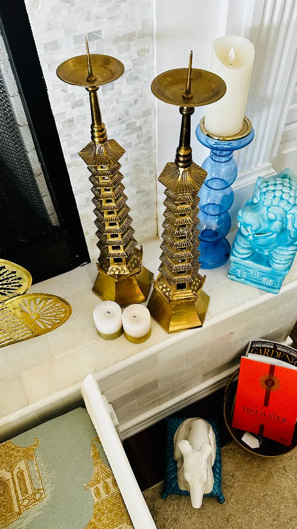 Brass Pagoda Candle Holders, Extra Large, Pillar Candle Spike on top, Hexagon Base