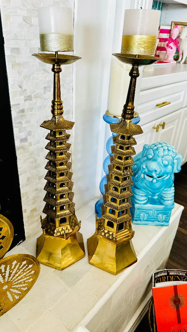 Brass Pagoda Candle Holders, Extra Large, Pillar Candle Spike on top, Hexagon Base