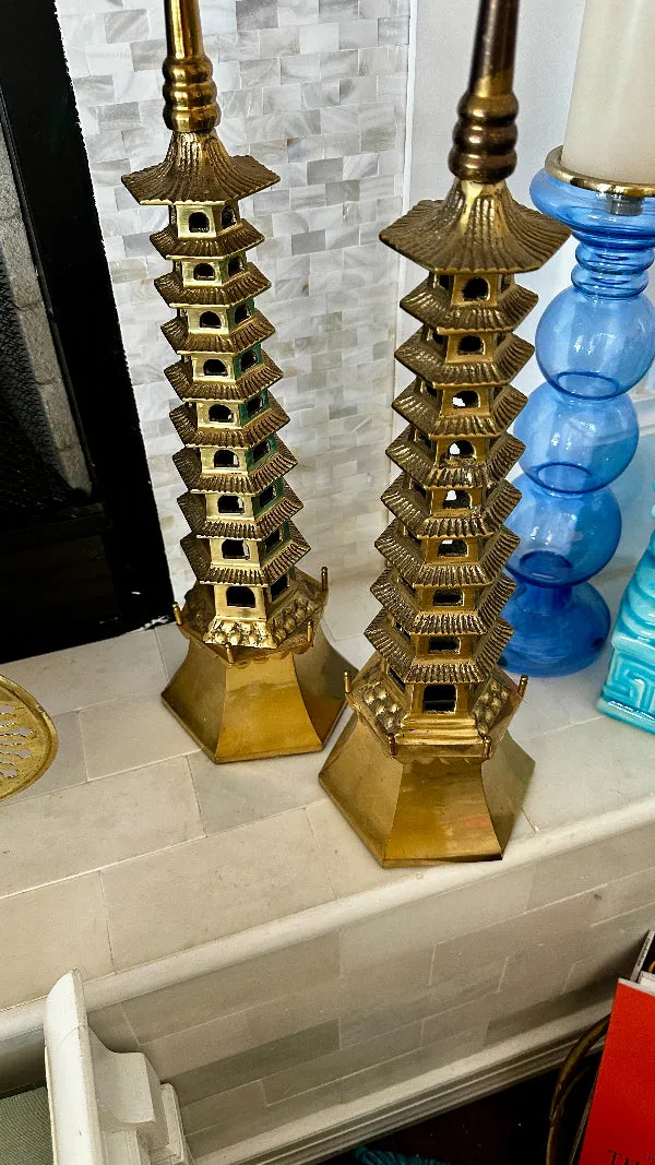 Brass Pagoda Candle Holders, Extra Large, Pillar Candle Spike on top, Hexagon Base