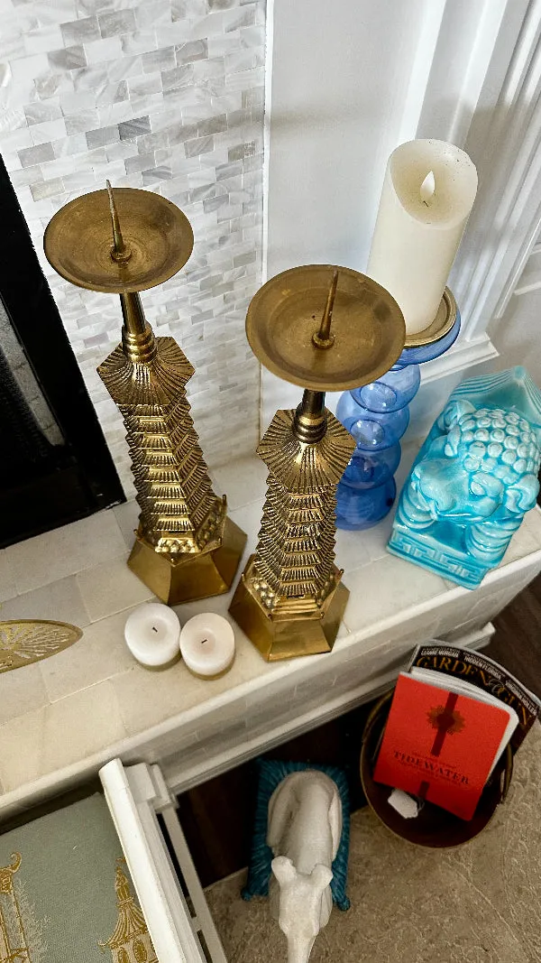 Brass Pagoda Candle Holders, Extra Large, Pillar Candle Spike on top, Hexagon Base