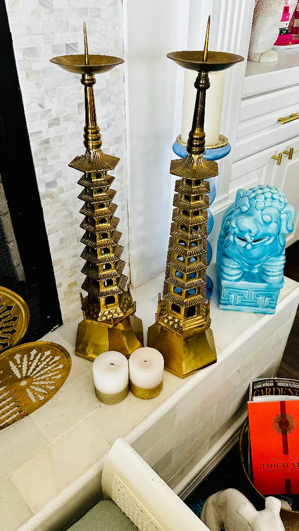 Brass Pagoda Candle Holders, Extra Large, Pillar Candle Spike on top, Hexagon Base