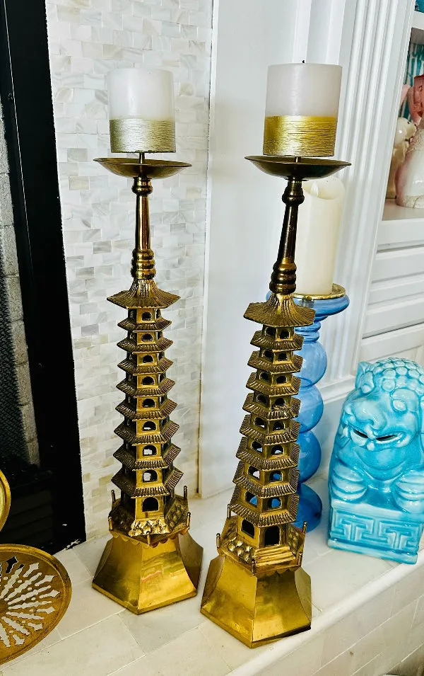 Brass Pagoda Candle Holders, Extra Large, Pillar Candle Spike on top, Hexagon Base