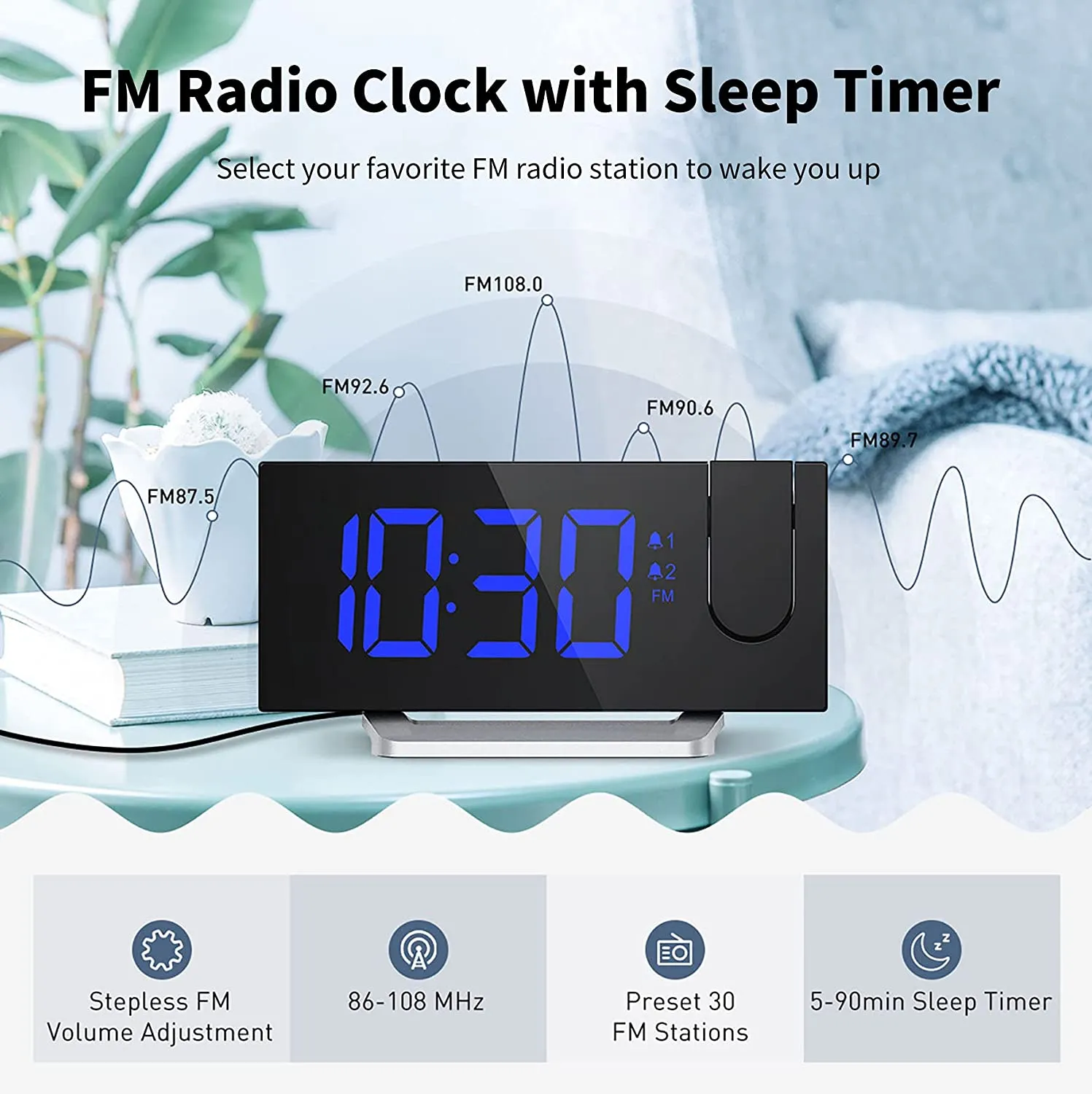 Clock Radios, Projection Alarm Clock with 0-100% Dimmer and FM Radio, Dual Alarm, 5 Alarm Sounds and 3-Level Volume, USB Charger, Clear Readout Digital Alarm Clock for Bedroom