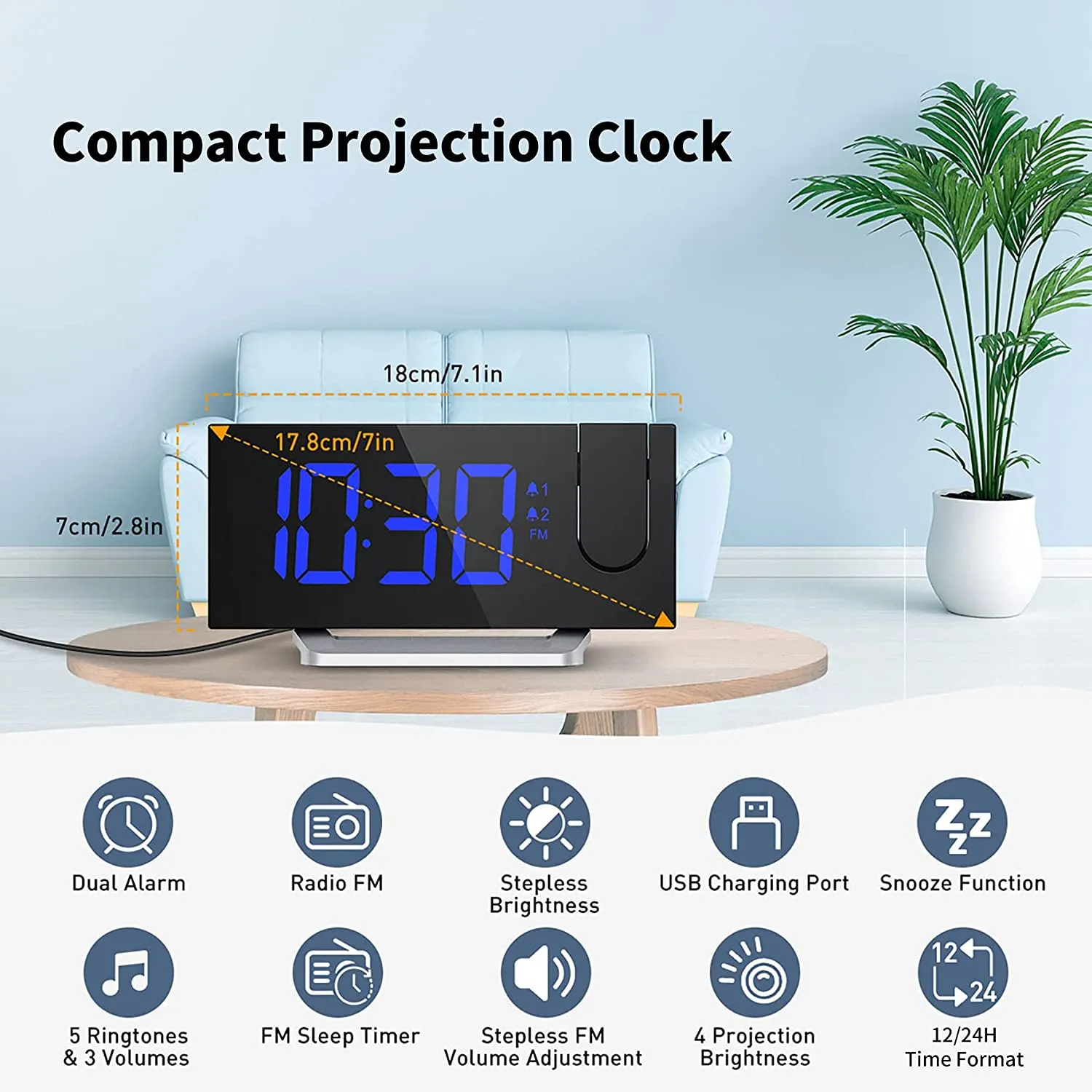 Clock Radios, Projection Alarm Clock with 0-100% Dimmer and FM Radio, Dual Alarm, 5 Alarm Sounds and 3-Level Volume, USB Charger, Clear Readout Digital Alarm Clock for Bedroom