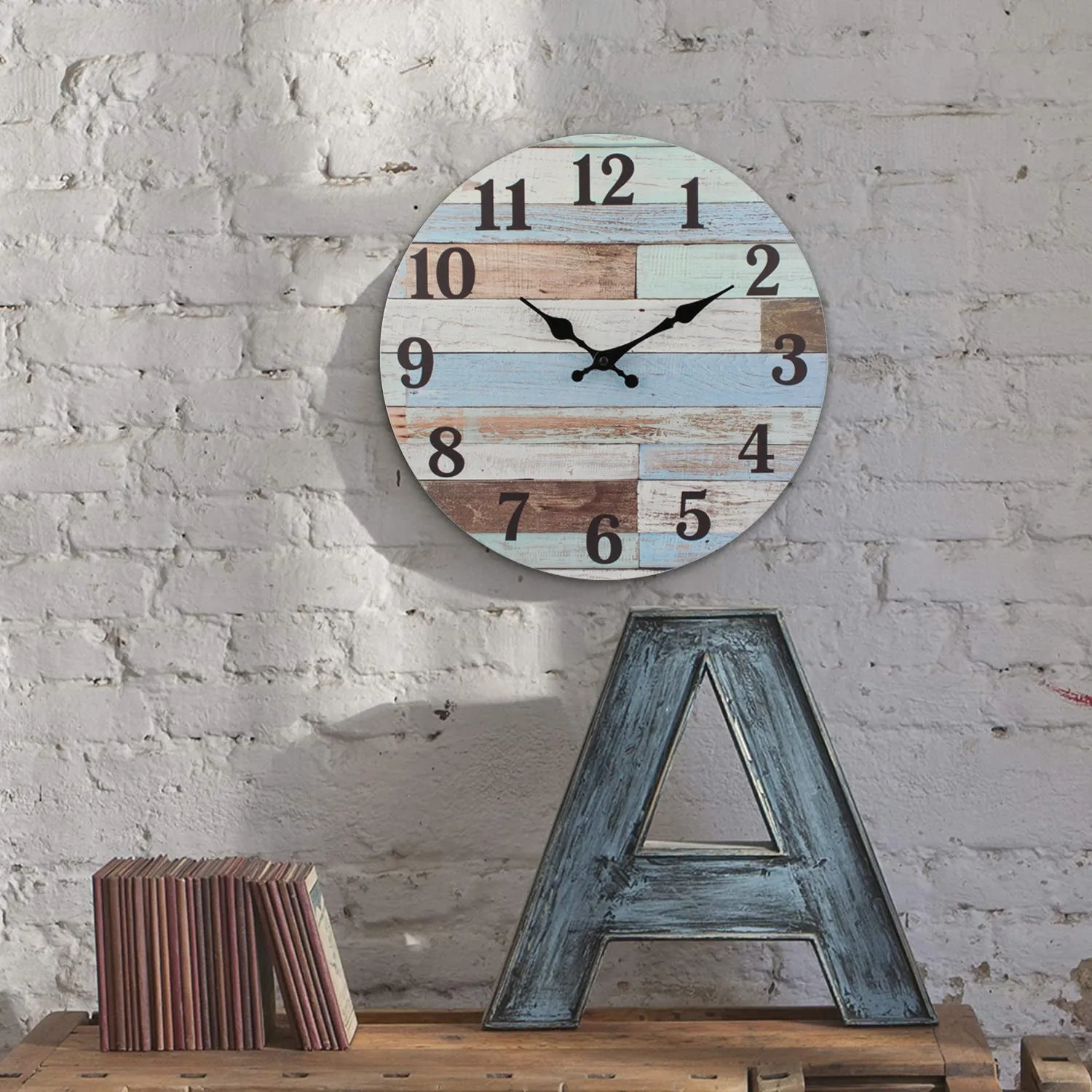 Coastal Worn Blue and White Clock - 14 Inch