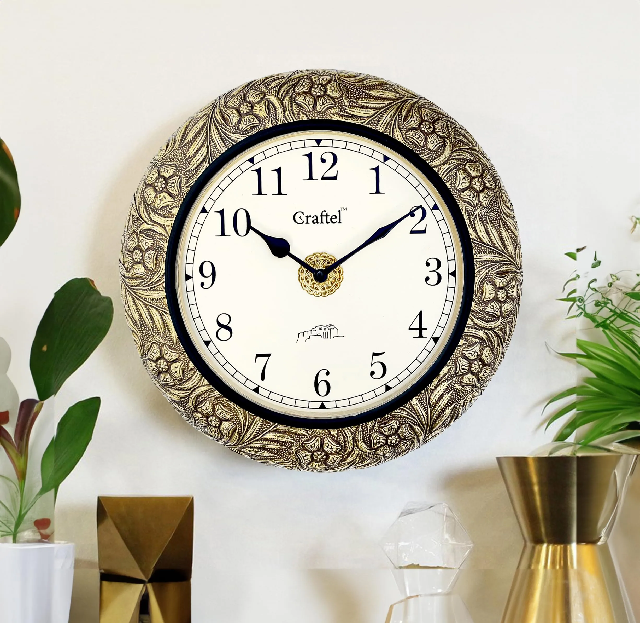 CRAFTEL 12" Brass Embossed Antique Wall Analog Clock Vintage Round Analog Clock For Living Room Home And Office : English Dial - 8 Inches