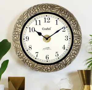 CRAFTEL 12" Brass Embossed Antique Wall Analog Clock Vintage Round Analog Clock For Living Room Home And Office : English Dial - 8 Inches