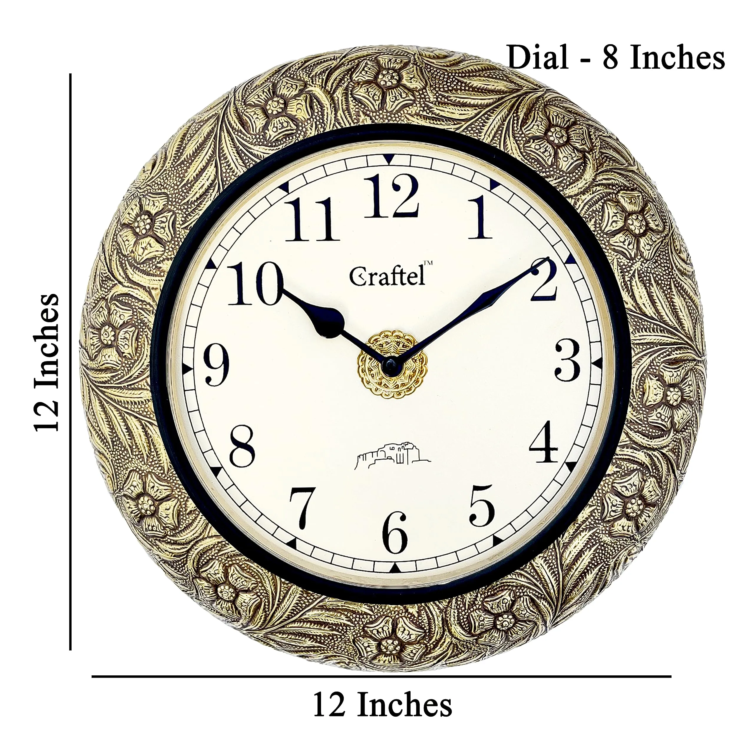 CRAFTEL 12" Brass Embossed Antique Wall Analog Clock Vintage Round Analog Clock For Living Room Home And Office : English Dial - 8 Inches