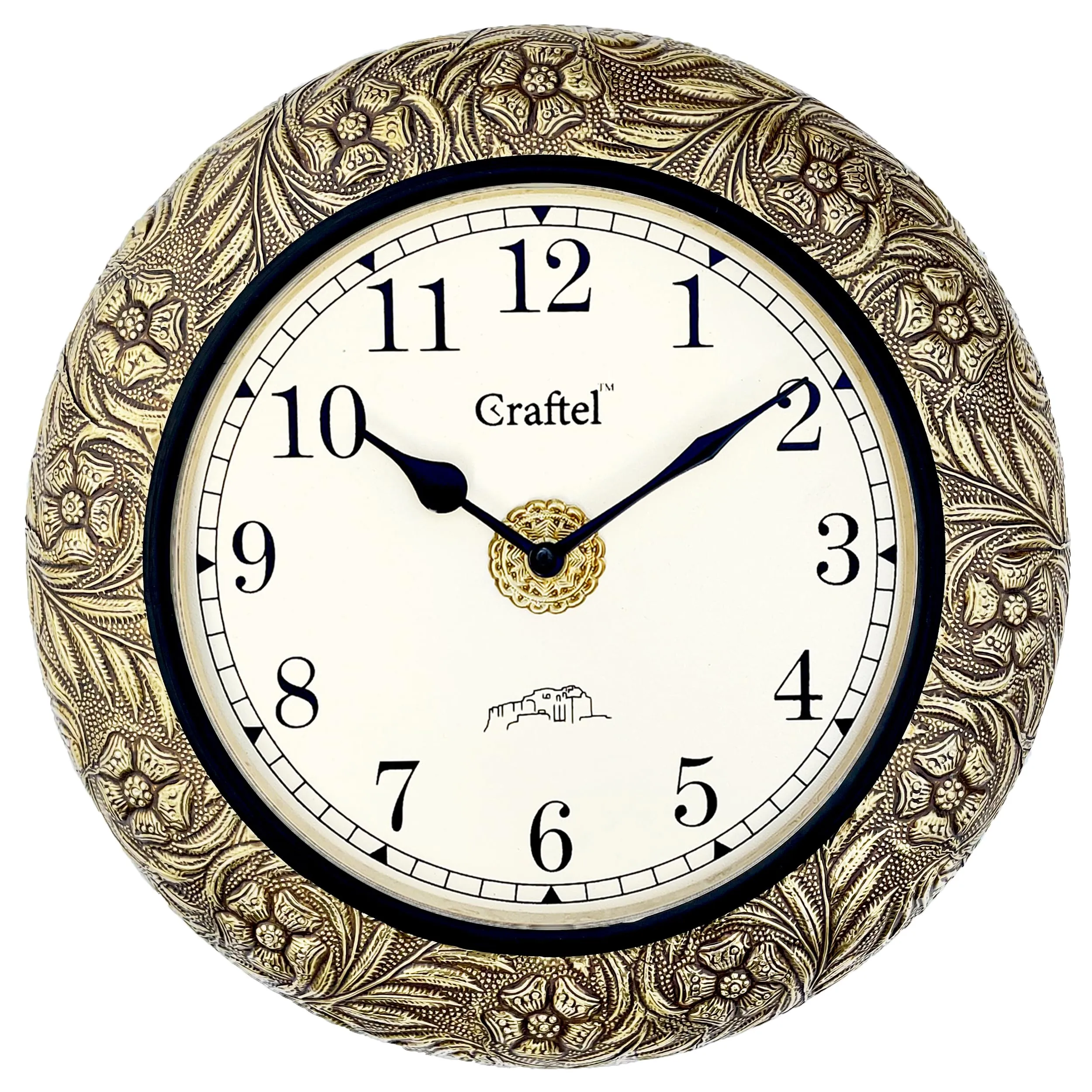 CRAFTEL 12" Brass Embossed Antique Wall Analog Clock Vintage Round Analog Clock For Living Room Home And Office : English Dial - 8 Inches