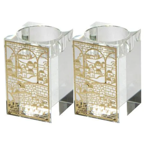 Crystal Shabbat Candlesticks "Jerusalem" 3" tall Set of 2