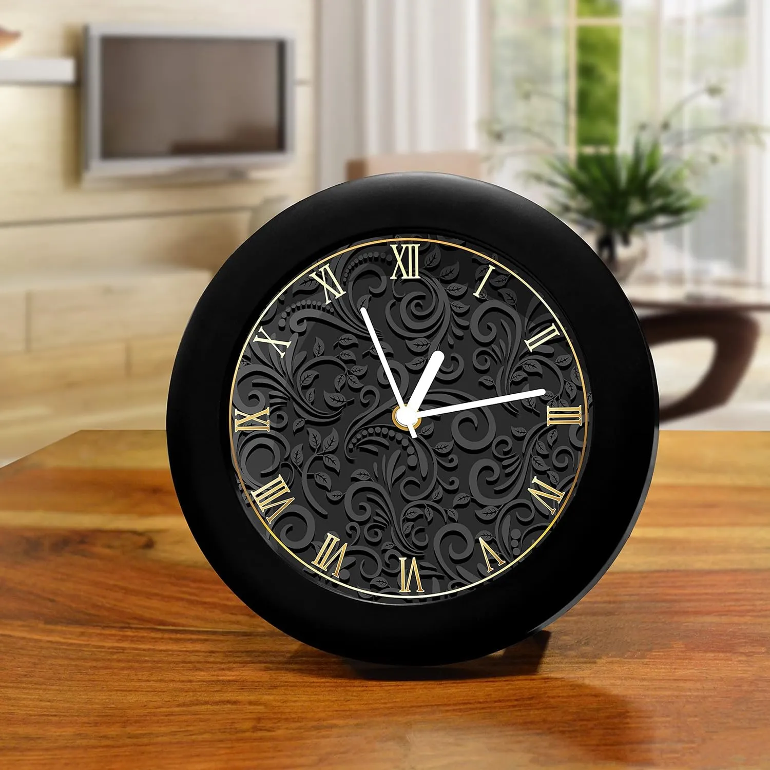 Epic Stuff - Black Pattern Design Plastic Round Table Clock - Best Accessories for Home and Office Decor