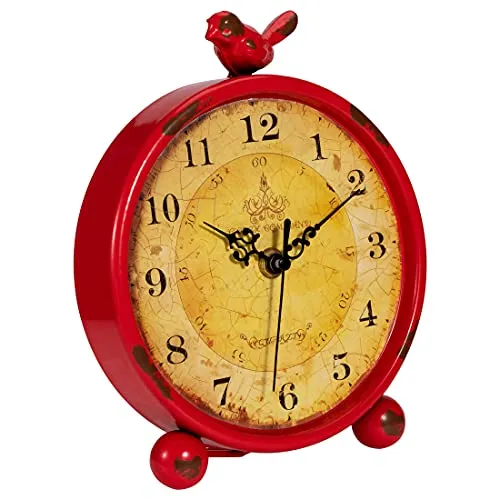 Foxtop Vintage Table Clock Silent Non-Ticking Battery Operated Metal Round Desk Clock Retro Style with Bird for Tabletop Bedside Bedroom Living Room Home (Red, 8 inch)