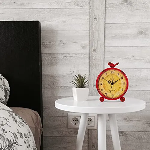 Foxtop Vintage Table Clock Silent Non-Ticking Battery Operated Metal Round Desk Clock Retro Style with Bird for Tabletop Bedside Bedroom Living Room Home (Red, 8 inch)