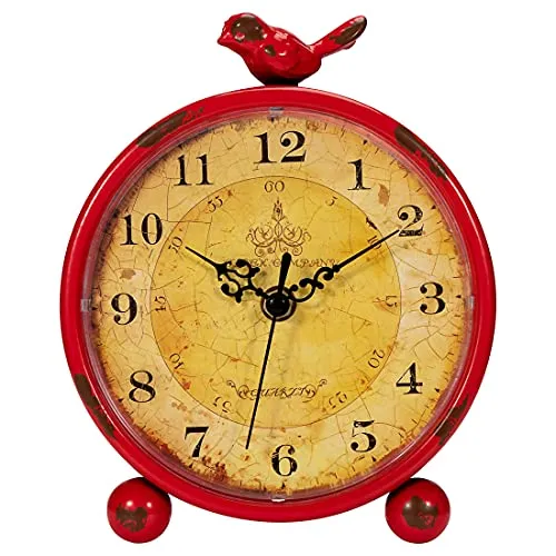 Foxtop Vintage Table Clock Silent Non-Ticking Battery Operated Metal Round Desk Clock Retro Style with Bird for Tabletop Bedside Bedroom Living Room Home (Red, 8 inch)