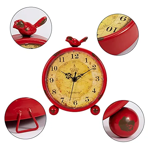 Foxtop Vintage Table Clock Silent Non-Ticking Battery Operated Metal Round Desk Clock Retro Style with Bird for Tabletop Bedside Bedroom Living Room Home (Red, 8 inch)