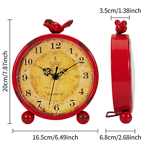 Foxtop Vintage Table Clock Silent Non-Ticking Battery Operated Metal Round Desk Clock Retro Style with Bird for Tabletop Bedside Bedroom Living Room Home (Red, 8 inch)