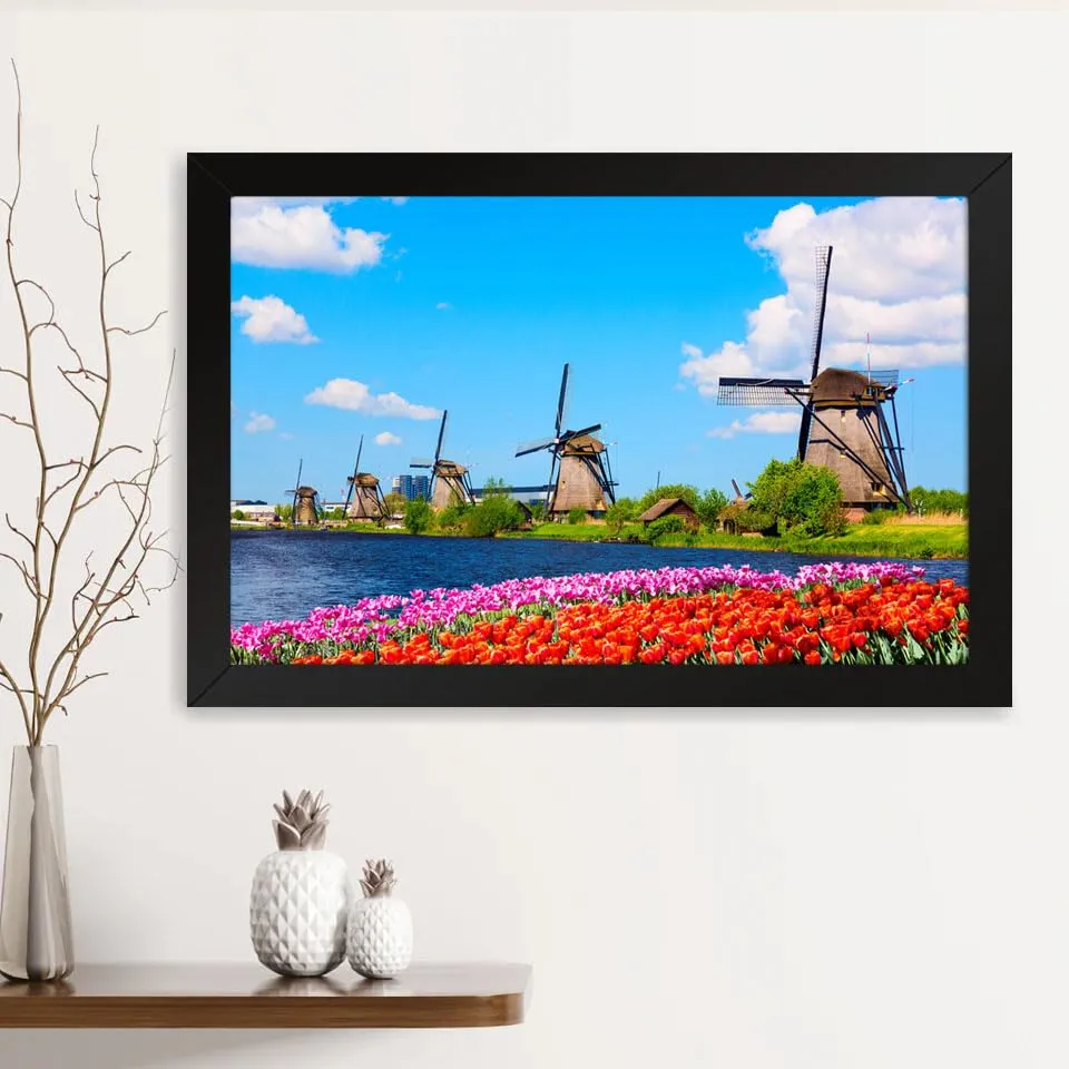 GADGETS WRAP Printed Photo Frame Matte Painting for Home Office Studio Living Room Decoration (14x11inch Black Framed) - Flower Field & Windmills Scenery