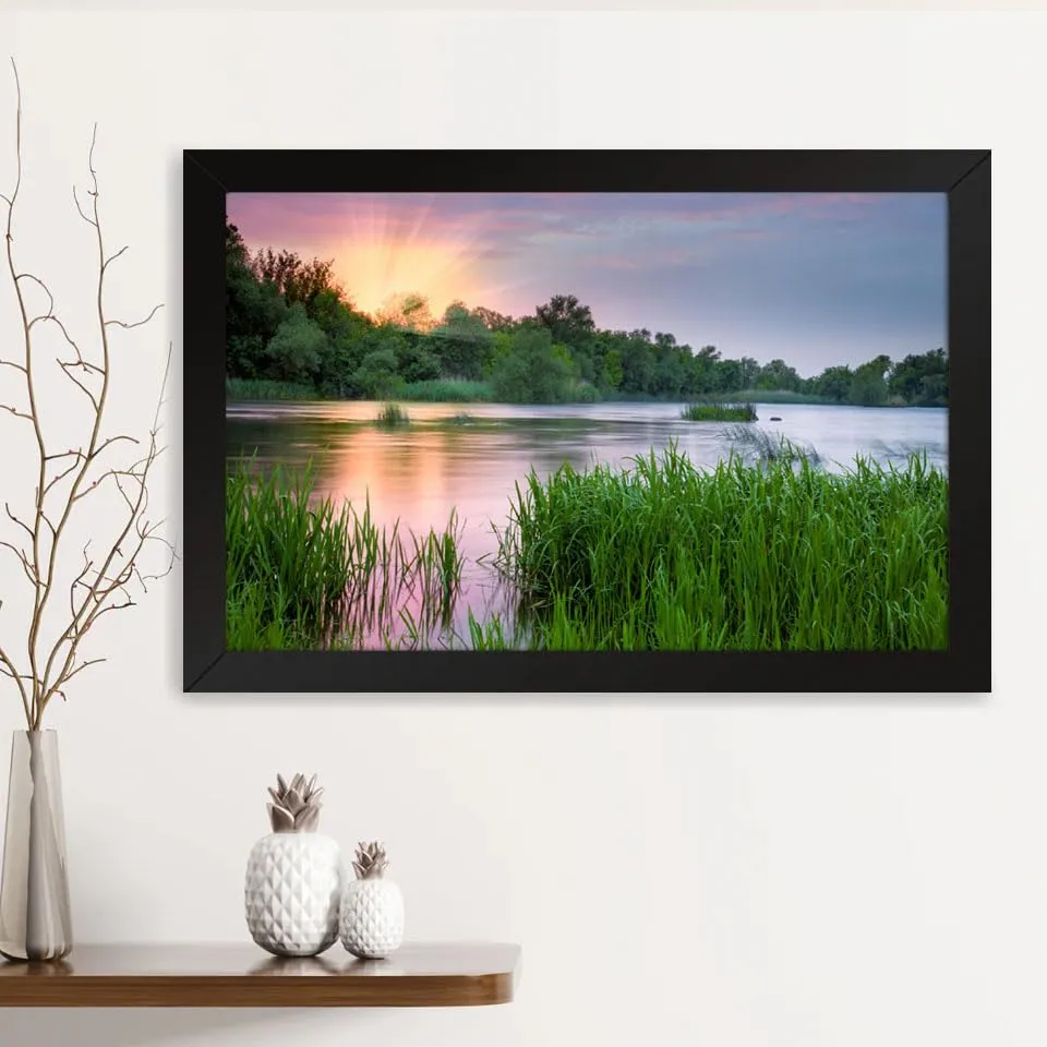 GADGETS WRAP Printed Photo Frame Matte Painting for Home Office Studio Living Room Decoration (14x11inch Black Framed) - Grass On River Sunrise Scenery