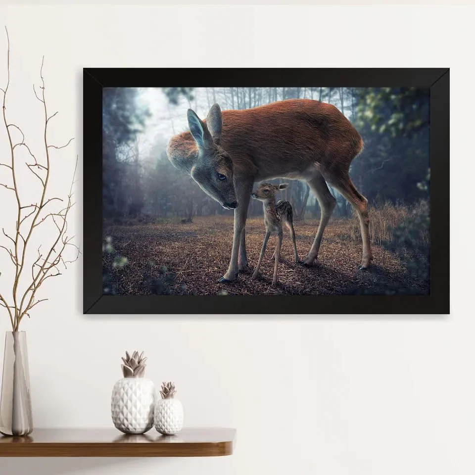 GADGETS WRAP Printed Photo Frame Matte Painting for Home Office Studio Living Room Decoration (14x11inch Black Framed) - Mother And Fawn