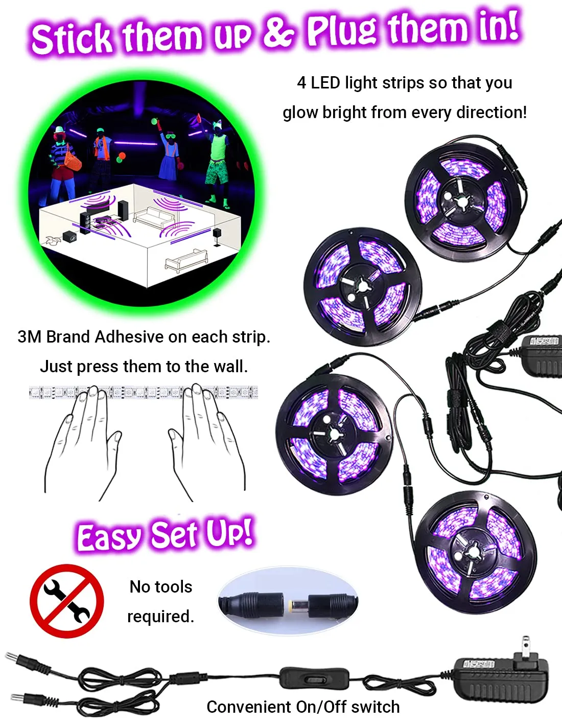 Glow Party Blacklight Led Strip Kit 115w Uv Lights for Neon Party