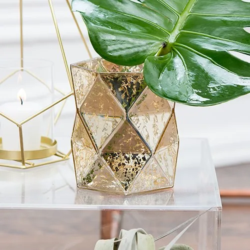 GOLD GEOMETRIC MERCURY GLASS HURRICANE VASE