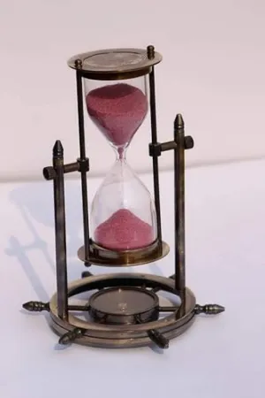 Handcrafted Hourglass Black Brass Sand Timer Antique Finish Nautical Pink Sand Timer with Wheel Compass Base for Home & Office Desk Decor (5min)