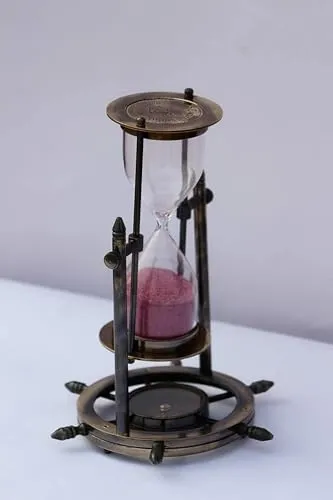 Handcrafted Hourglass Black Brass Sand Timer Antique Finish Nautical Pink Sand Timer with Wheel Compass Base for Home & Office Desk Decor (5min)