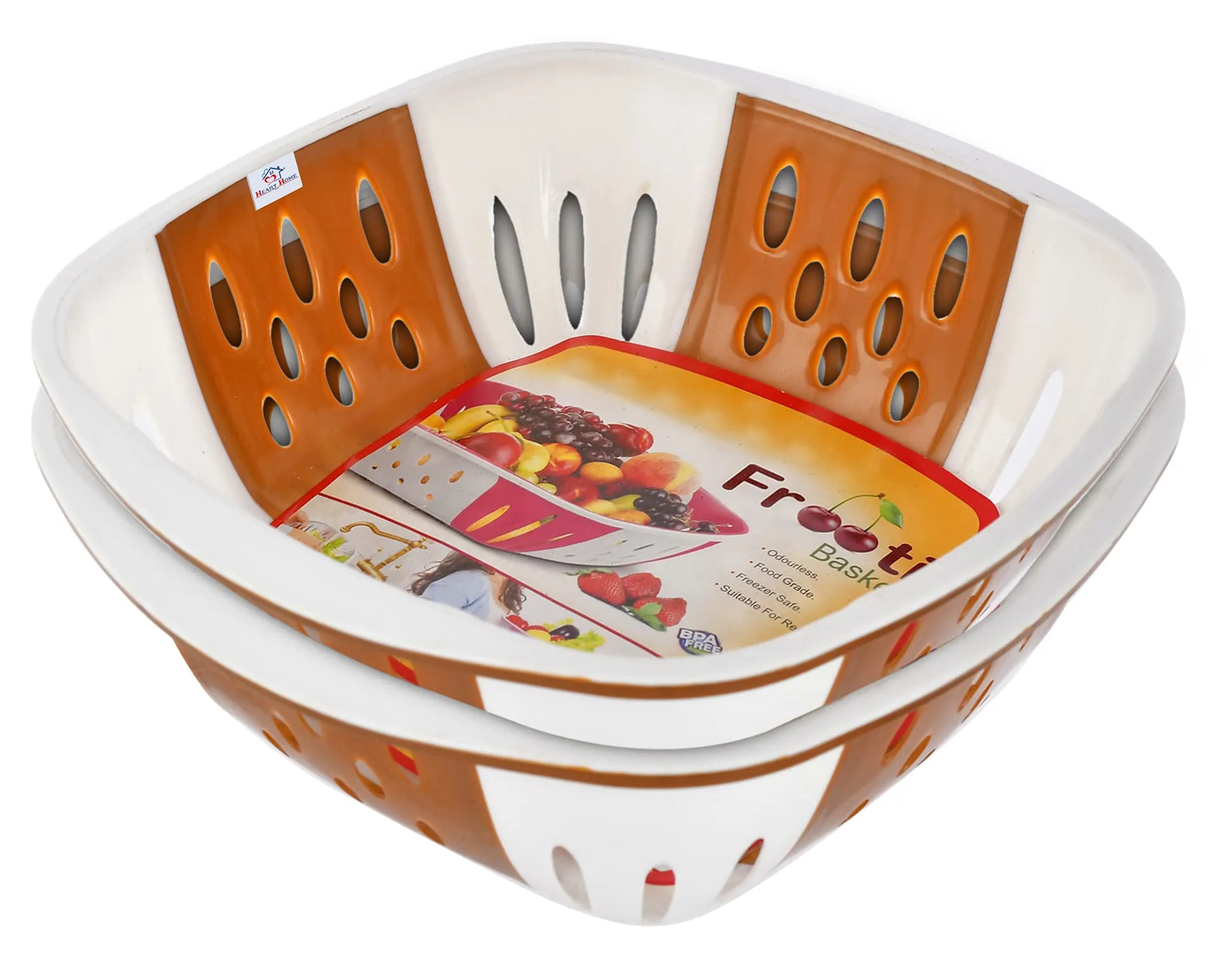 Heart Home Large Multi-Purpose Plastic Storage Baskets for Fruits Vegetables and Kitchen Fridge Dining Table- Pack of 2 (Brown)-HS42KUBMART25390