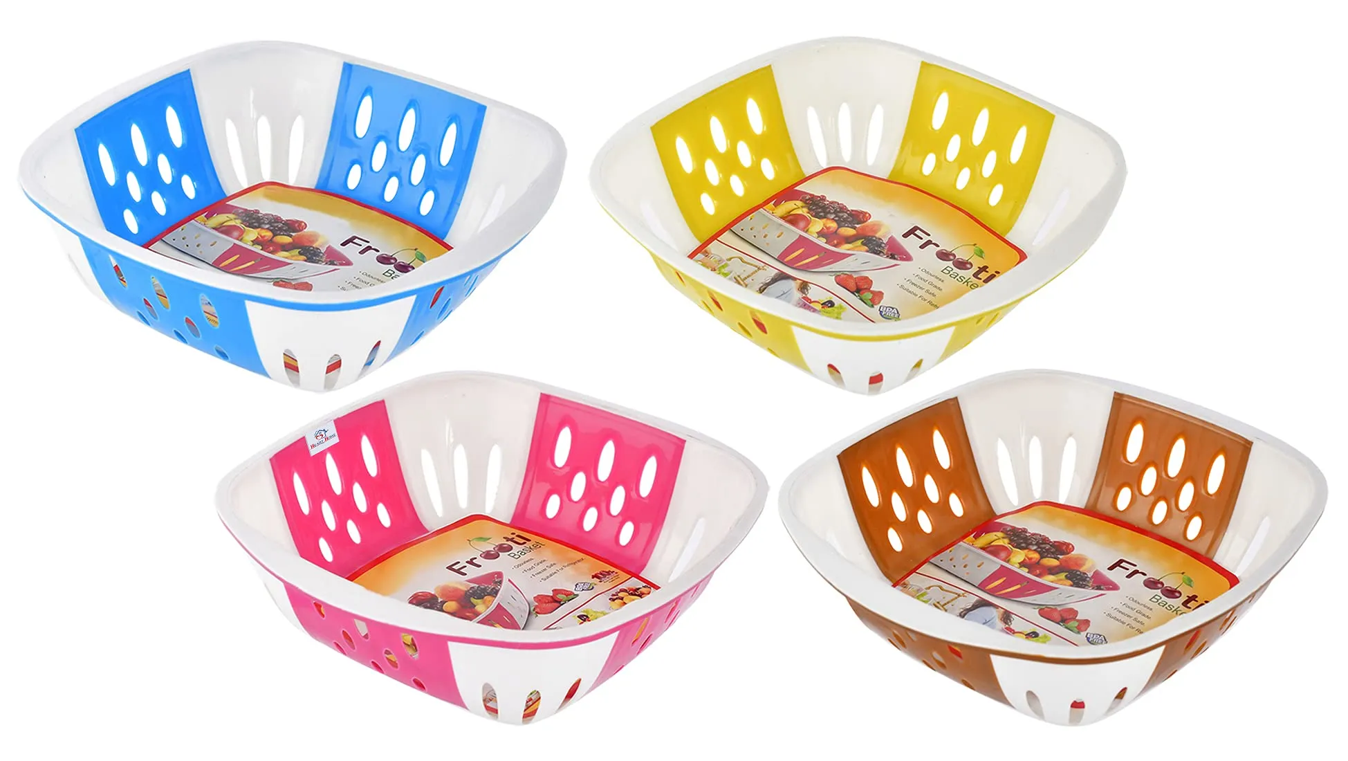 Heart Home Large Multi-Purpose Plastic Storage Baskets for Fruits Vegetables and Kitchen Fridge Dining Table- Pack of 4 (Brown & Green & Blue & Pink)-HS42HEARTH25428