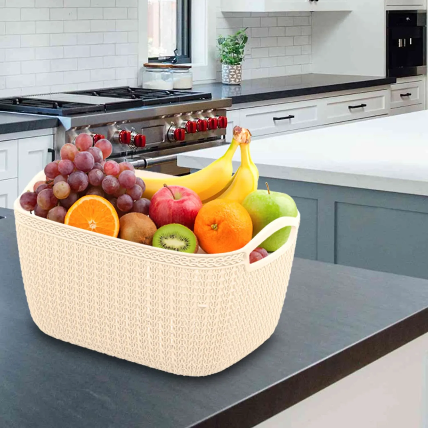 Heart Home Q-5 Designer Plastic Storage Basket For Store Fruits, Vegetables, Magazines, Cosmetics, Stationary Pack of 2 (Beach & Brown)-50HH01640