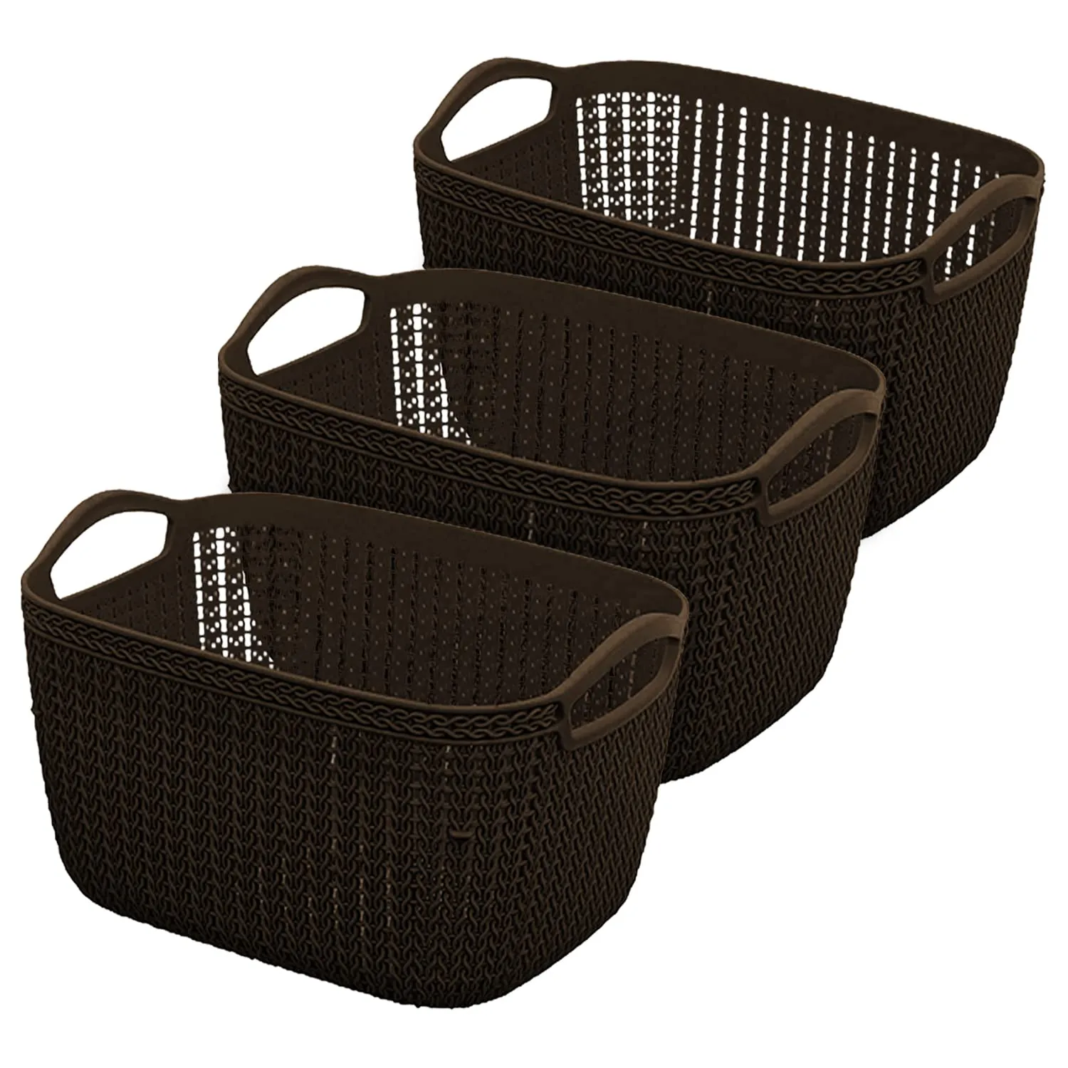 Heart Home Q-5 Designer Plastic Storage Basket For Store Fruits, Vegetables, Magazines, Cosmetics, Stationary Pack of 3 (Brown)-50HH01634