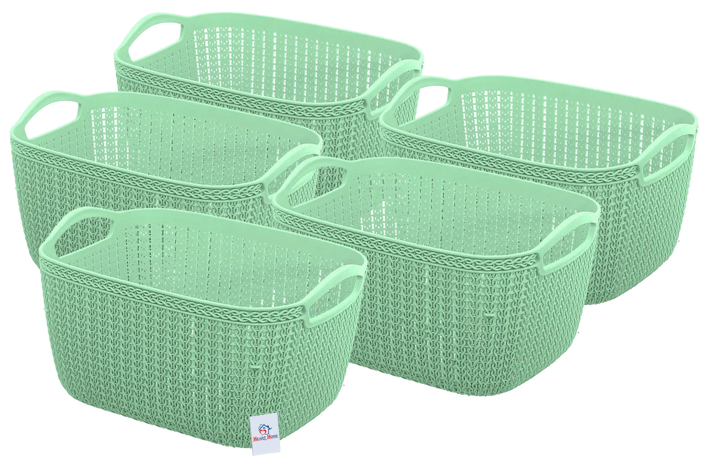 Heart Home Q-5 Unbreakable Plastic 5 Pieces Multipurpose Medium Size Flexible Storage Baskets/Fruit Vegetable Bathroom Stationary Home Basket with Handles (Light Green)-HEART10486