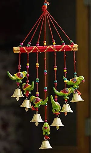 JaipurCrafts Handcrafted Rajasthani Bells Birds Parrot Design Wood Door Wall Hanging Decorative Showpiece for Home and Office Decor Diwali Gift Items - 45 cm (Wood) (Design 9)