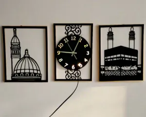 Khana Kaba & Gumbad E Khizra Islamic Wooden Wall Clock